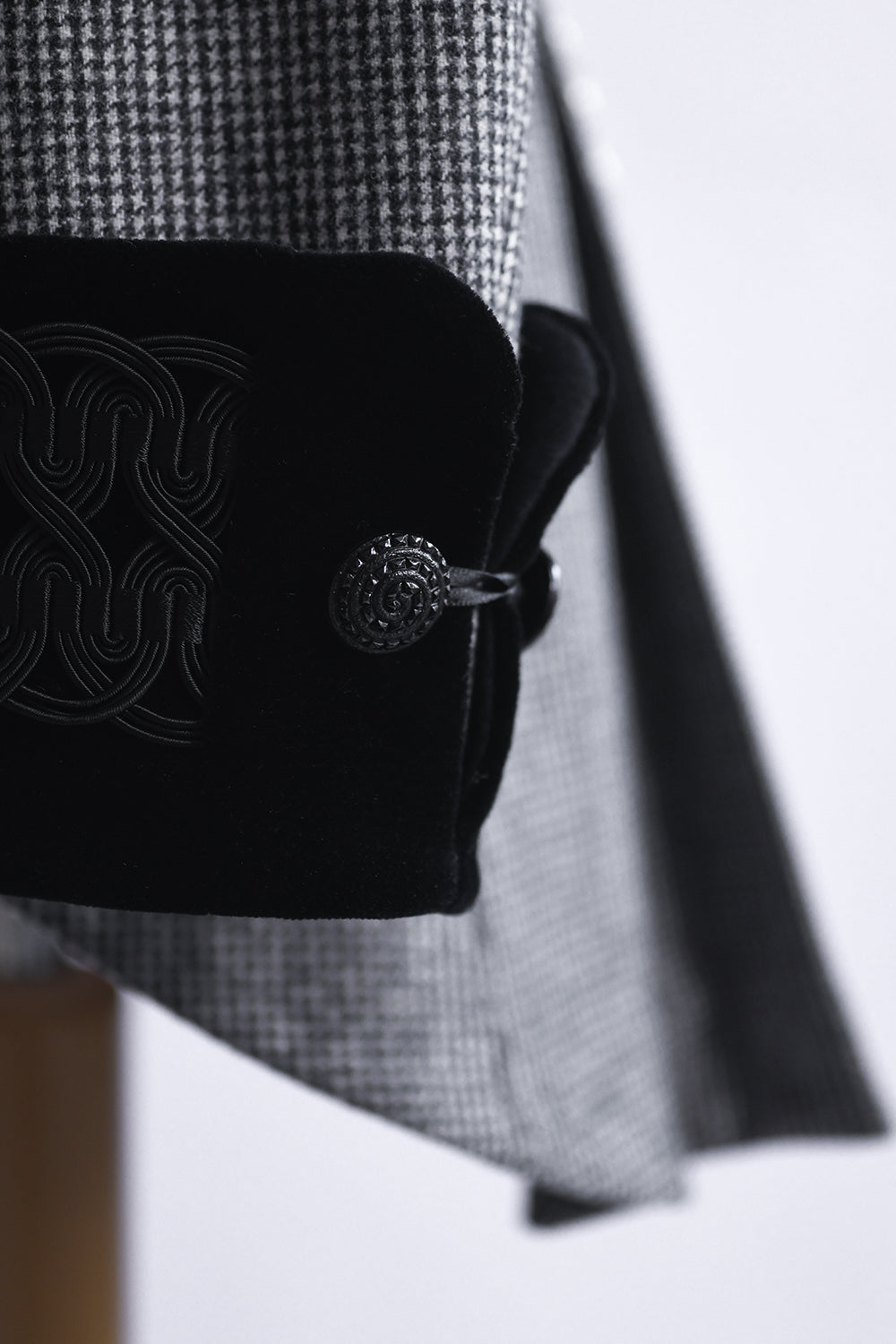 Lawrence No.9 in Black and Ivory Mini Houndstooth with Black Velvet cuff detail