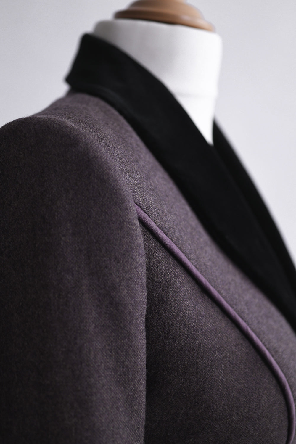 Reyonolds No.5 Long Jacket in Heather Lavender with Black Velvet front detail